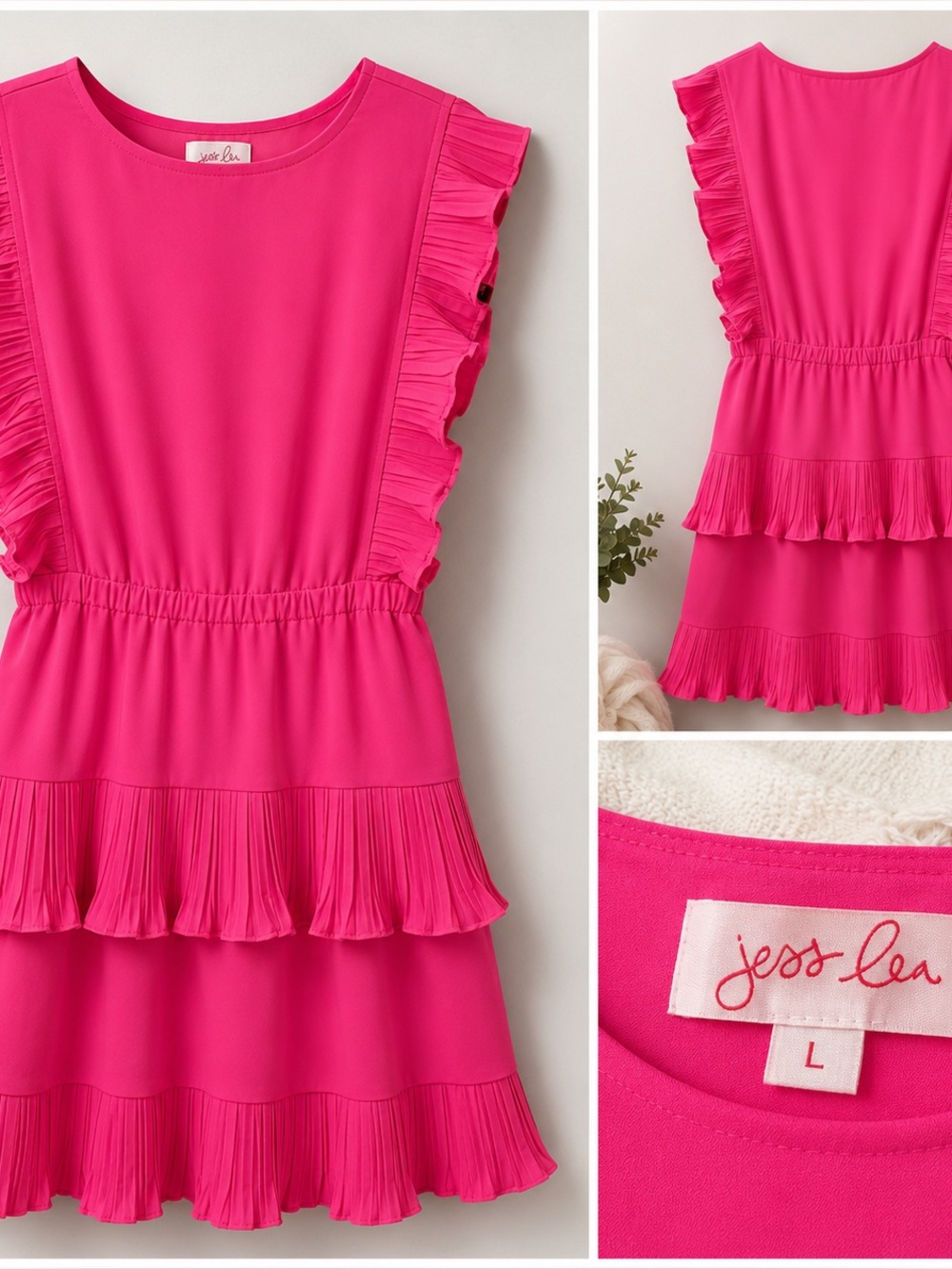 Jess Lea Hot Pink Pleated Ruffle Tiered Dress Size Large